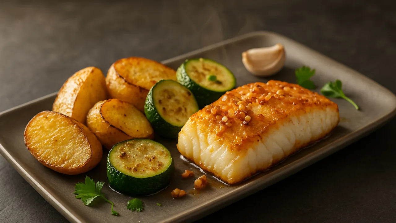 Kabeljau-Knoblauch-Pfanne aus dem Airfryer mit Kabeljaufilet und Kartoffeln, auf dunklem Schiefer angerichtet.