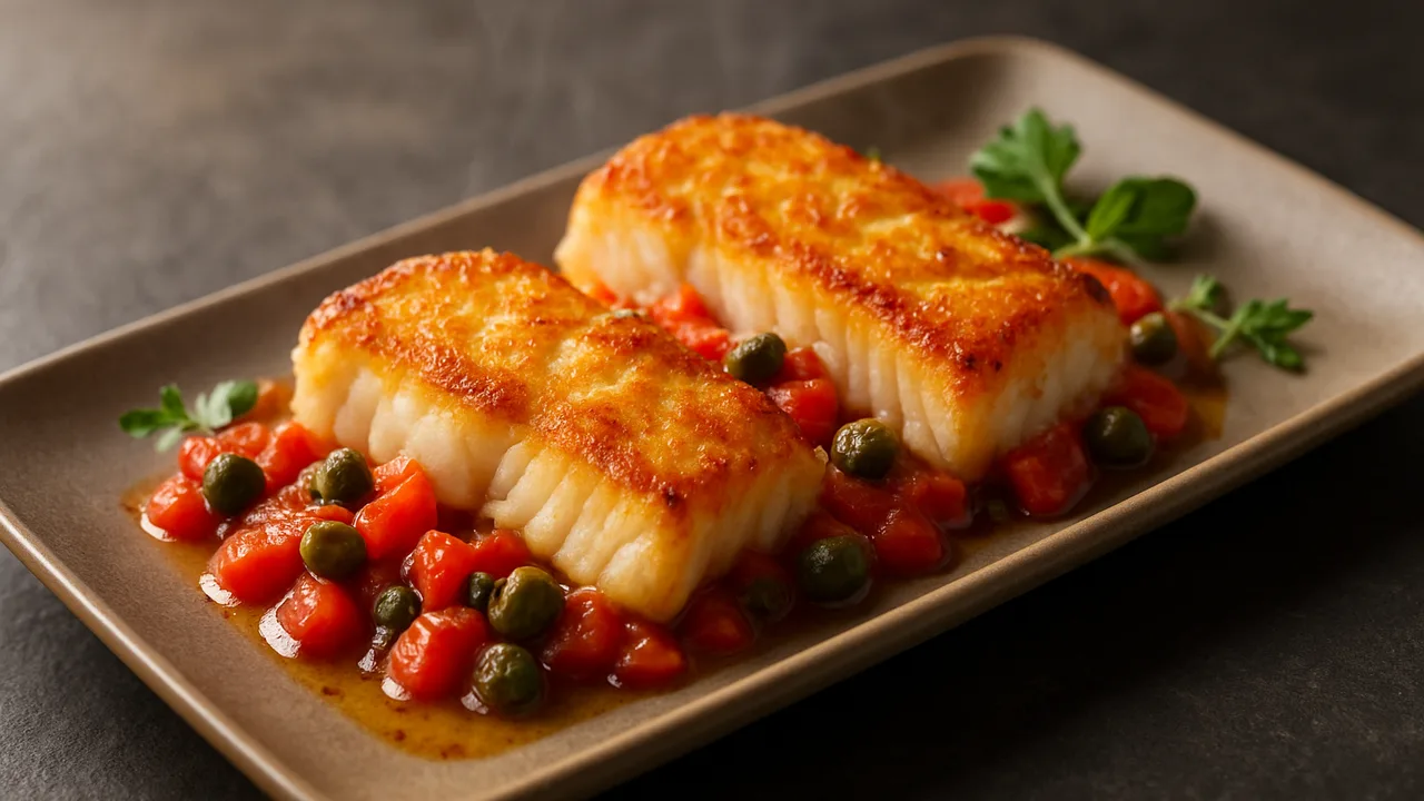 Kabeljau mit Tomaten und Kapern aus dem Airfryer mit Kabeljaufilets und Tomaten, auf dunklem Schiefer angerichtet.
