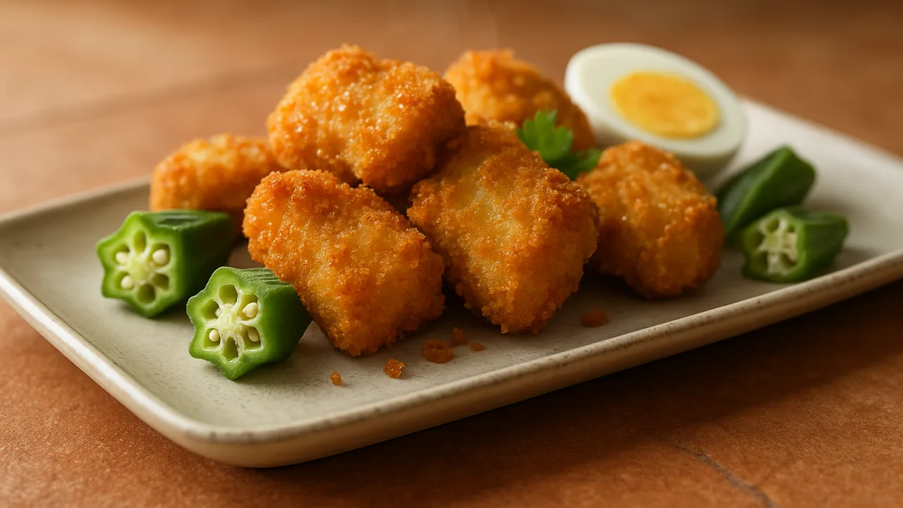 Kabeljau Nuggets mit Okra aus dem Airfryer mit Kabeljaufilet und Ei, auf Terracotta-Fliesen angerichtet.