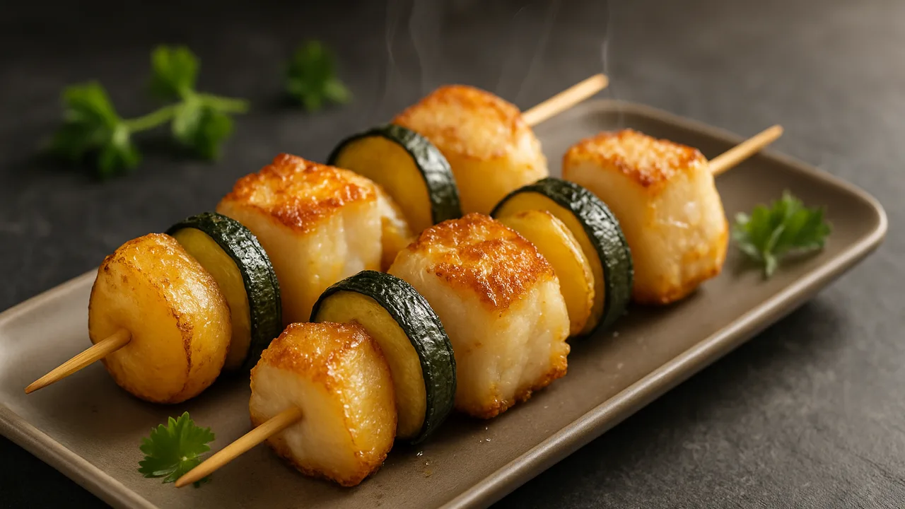 Kabeljau-Spieße mit Kartoffel aus dem Airfryer mit Kabeljaufilet und Kartoffeln, auf dunklem Schiefer angerichtet.
