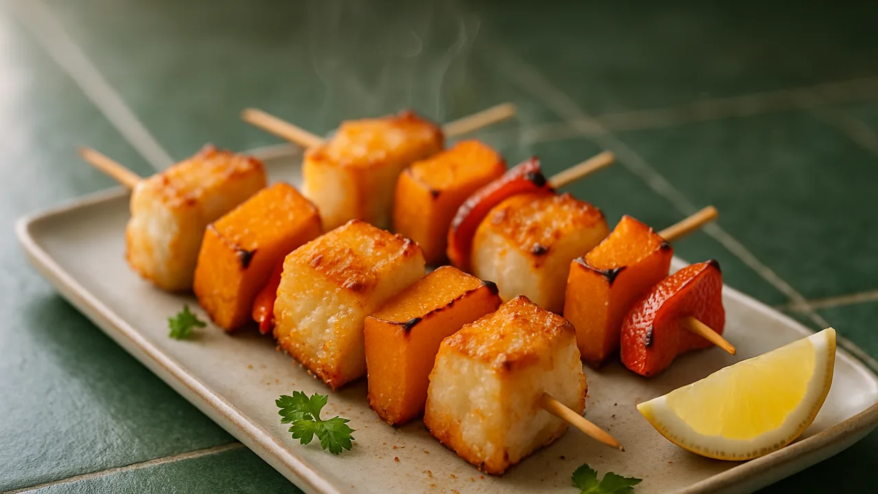 Kabeljau-Spieße mit Kürbis aus dem Airfryer mit Kabeljaufilet und Kürbis, auf dunkelgrünen Fliesen angerichtet.