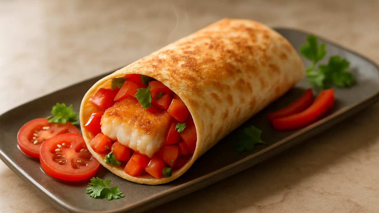 Kabeljau-Tomaten Wrap aus dem Airfryer mit Kabeljaufilet und Tomaten, auf beigem Marmor angerichtet.
