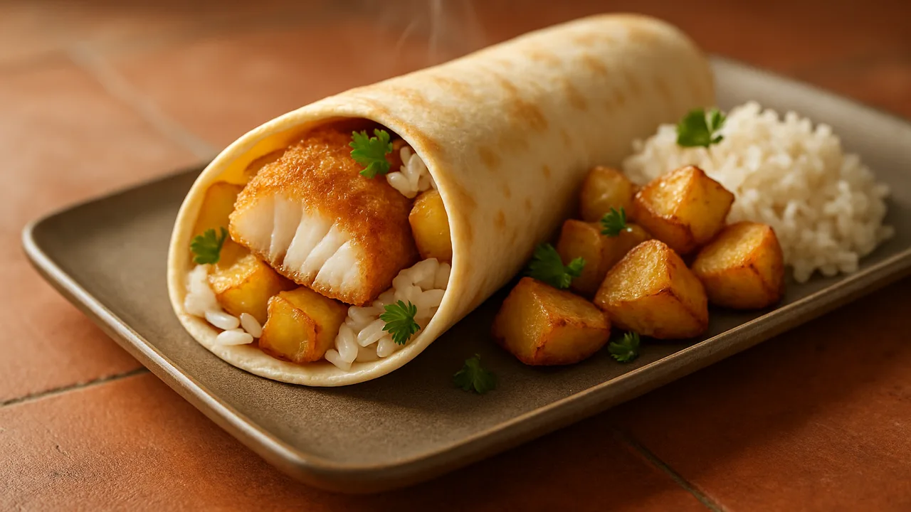 Kabeljau Wrap mit Kartoffel und Reis aus dem Airfryer mit Kabeljaufilet und Kartoffeln, auf Terracotta-Fliesen angerichtet.