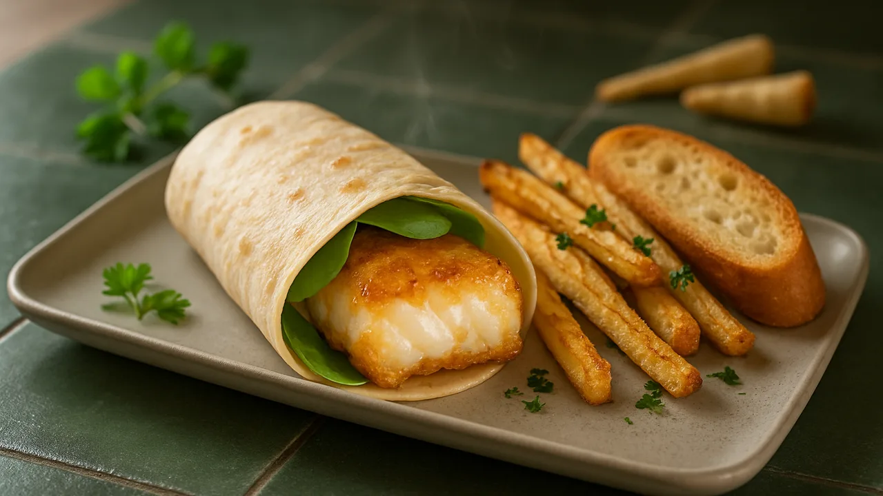 Kabeljau Wrap mit Pastinake und Baguette aus dem Airfryer mit Kabeljaufilet und Pastinake, auf dunkelgrünen Fliesen …