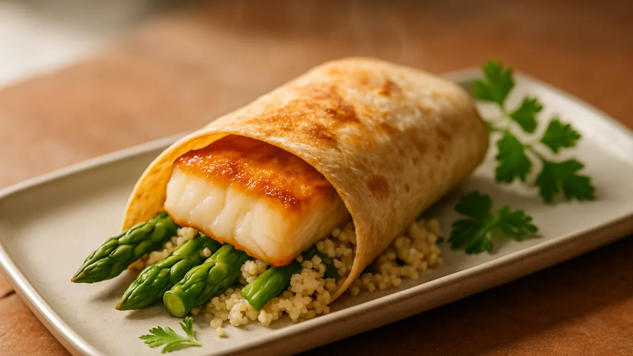 Kabeljau Wrap mit Spargel und Couscous aus dem Airfryer mit Kabeljaufilet und grüner Spargel, auf Terracotta-Fliesen …