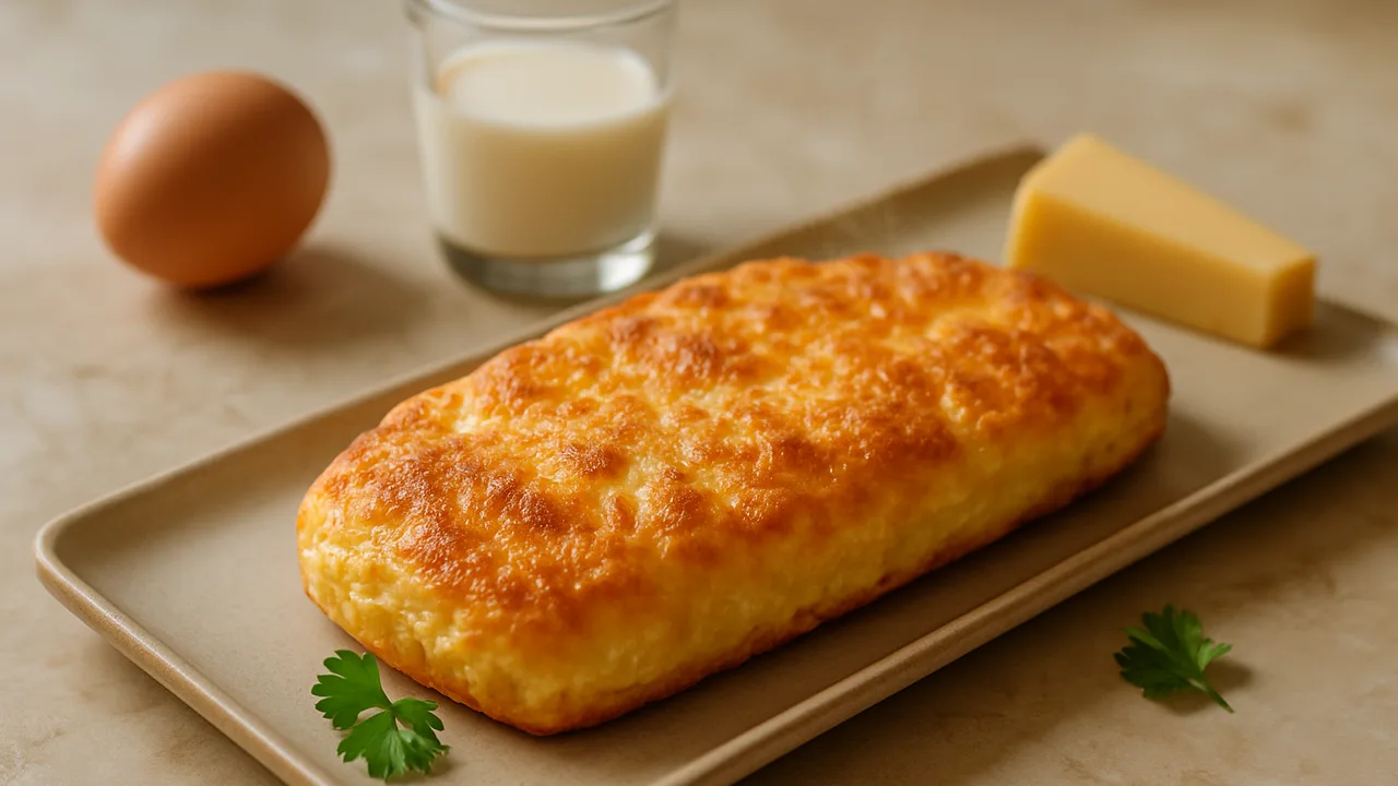 Käse-Omelett fluffig aus dem Airfryer mit Eier und Milch, auf beigem Marmor angerichtet.
