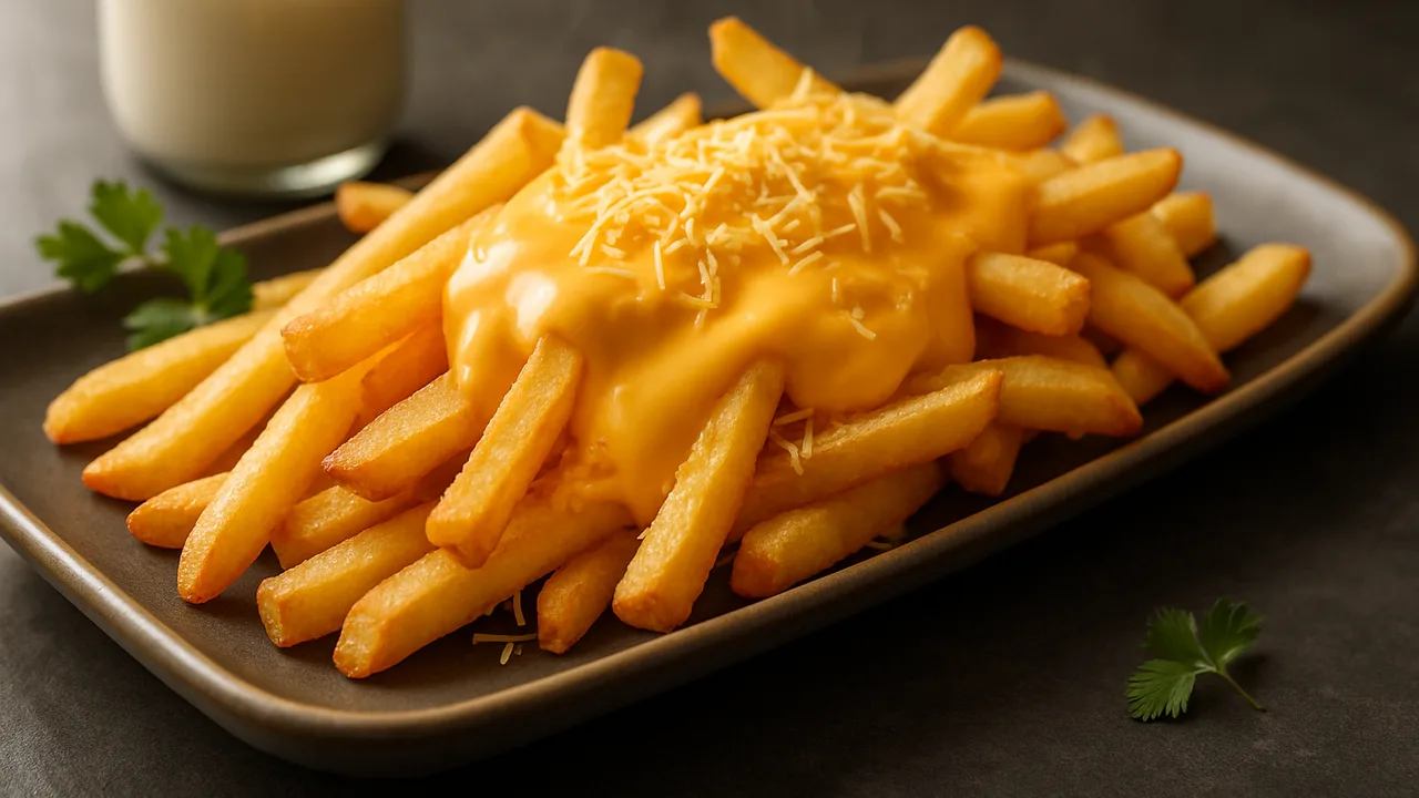 Käse-Pommes mit Cheddar-Sauce aus dem Airfryer mit Tiefkühl-Pommes und Cheddar, gerieben, auf dunklem Schiefer angerichtet.
