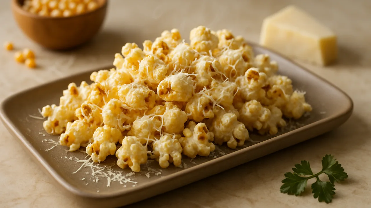 Käse-Popcorn mit Parmesan aus dem Airfryer mit Popcornmais und Butter, auf beigem Marmor angerichtet.