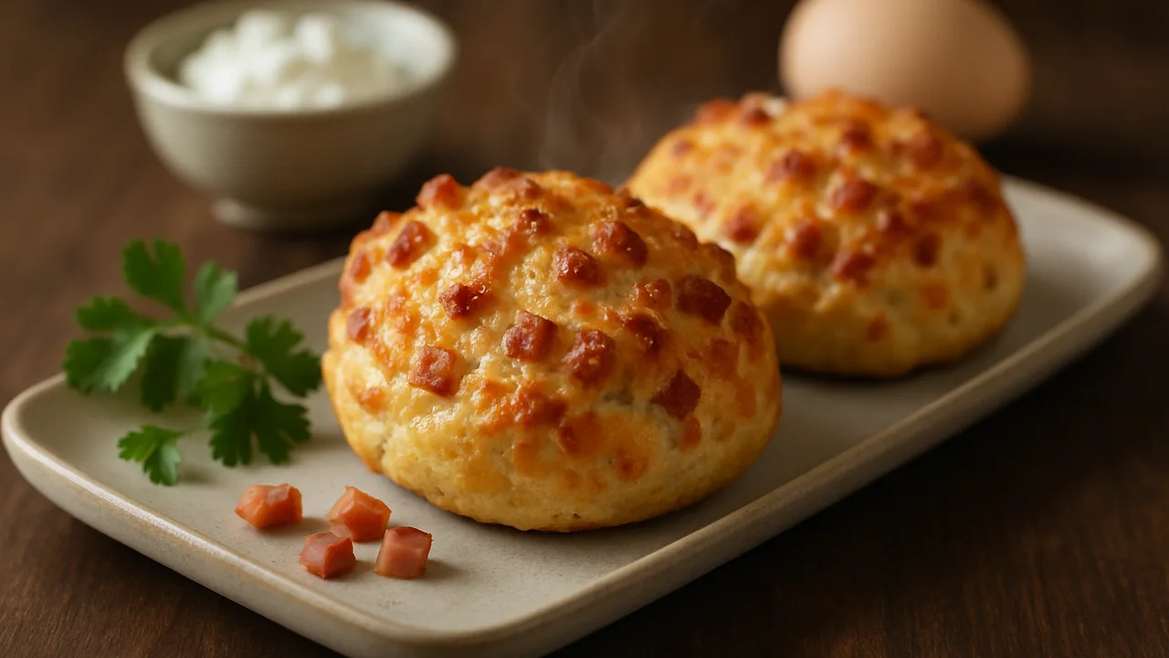 Käse-Schinken-Brötchen aus Quarkteig aus dem Airfryer mit Magerquark und Ei, auf dunklem Walnussholz angerichtet.
