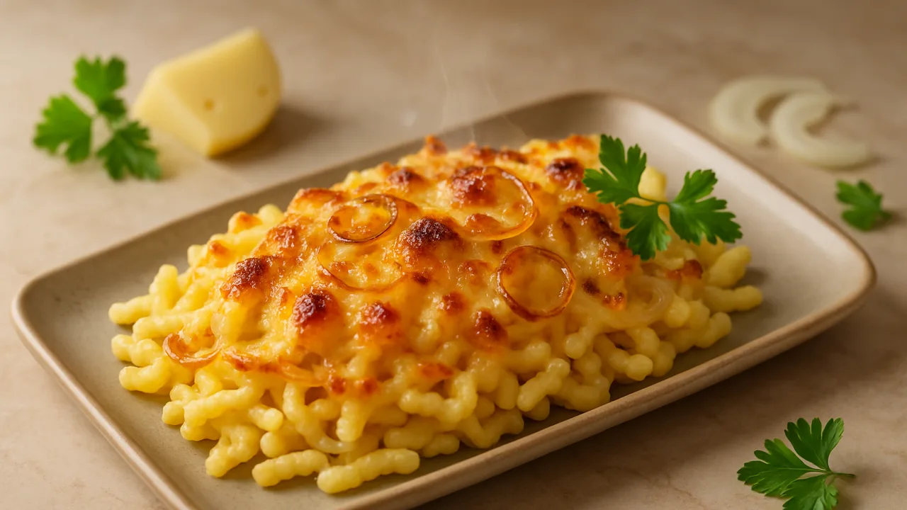 Käsespätzle überbacken aus dem Airfryer mit Spätzle und Emmentaler, auf beigem Marmor angerichtet.