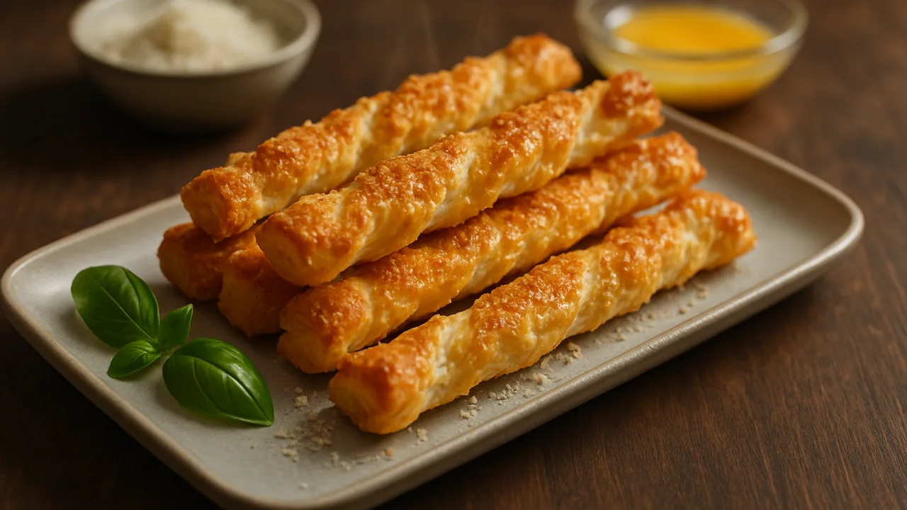 Käsestangen aus Blätterteig aus dem Airfryer mit Blätterteig, ausgerollt und Parmesan, fein gerieben, auf dunklem …
