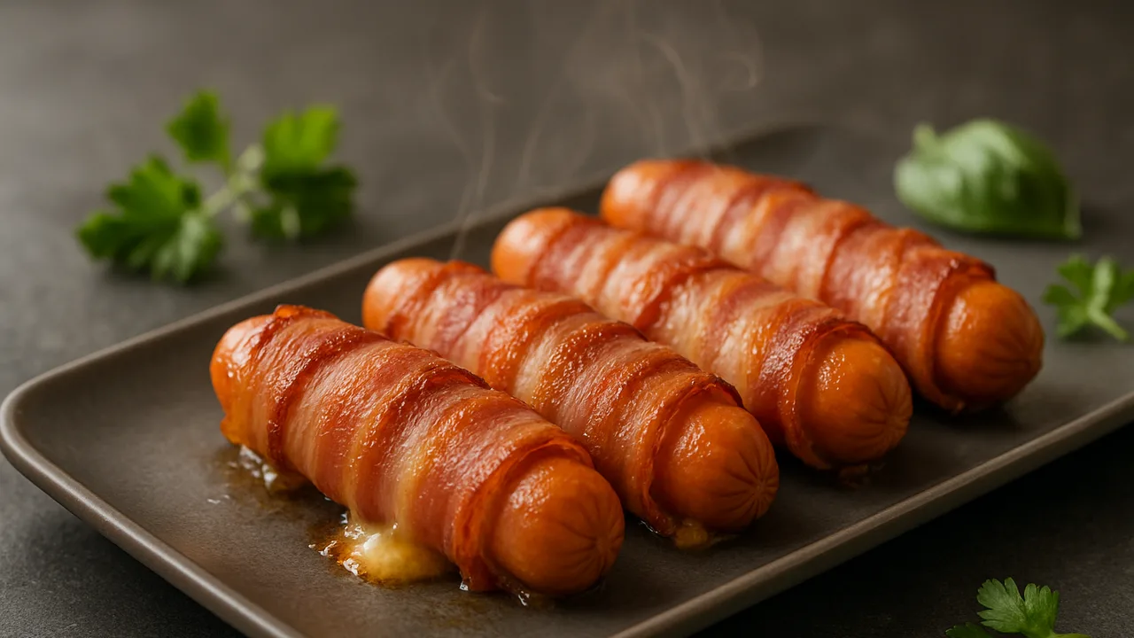 Käsewürstchen im Speckmantel aus dem Airfryer mit Wiener Würstchen und Gouda, auf dunklem Schiefer angerichtet.