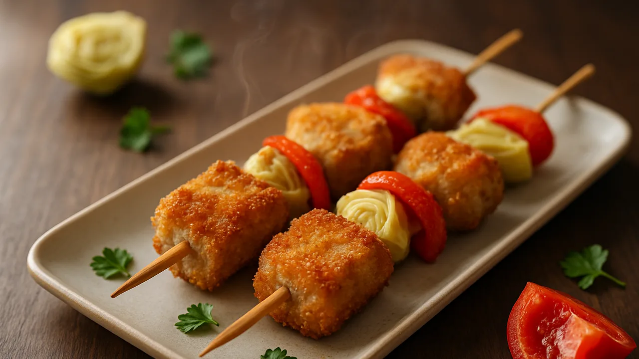 Kalbsschnitzel-Spieße mit Artischocke aus dem Airfryer mit Kalbsschnitzel und Artischockenherzen, auf dunklem Walnussholz …