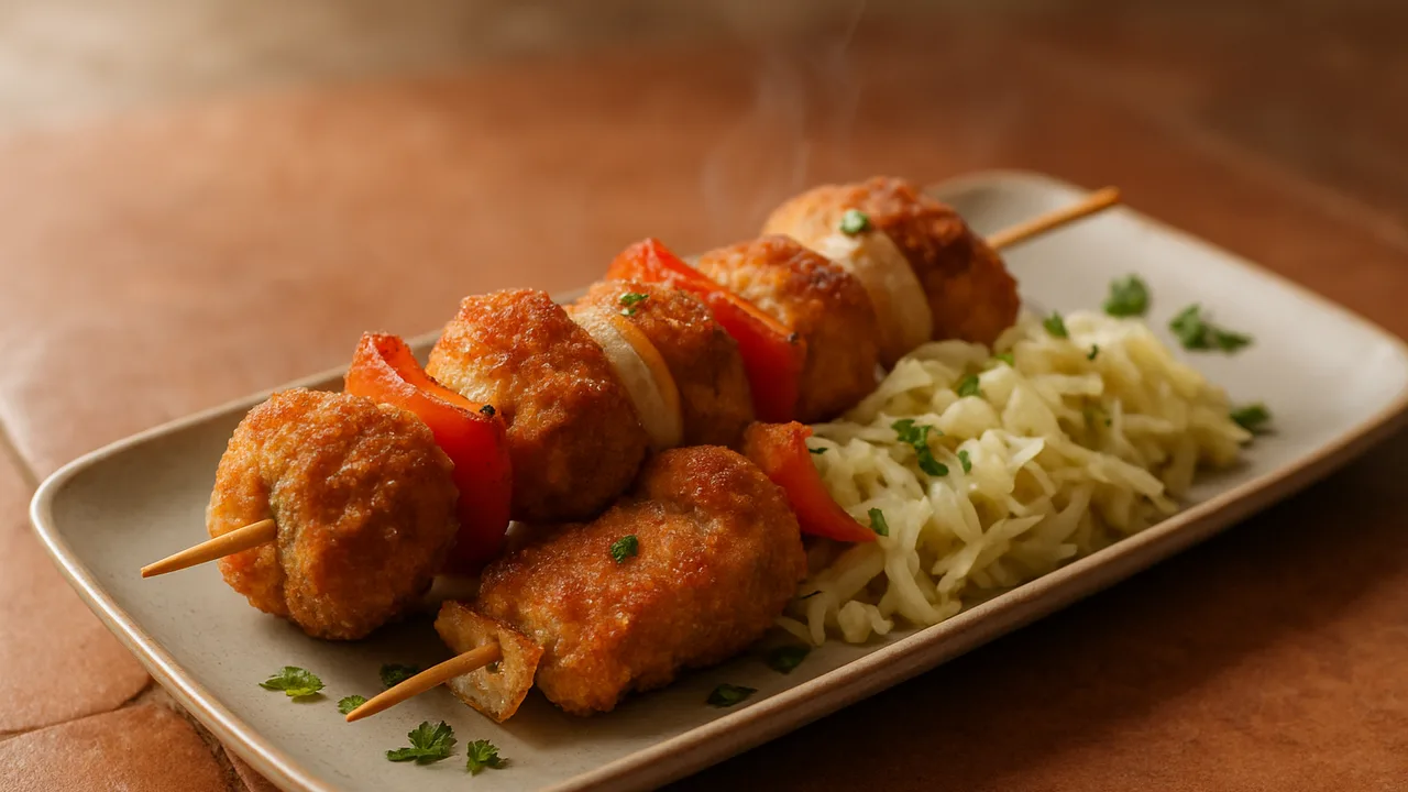 Kalbsschnitzel-Spieße mit Weißkohl aus dem Airfryer mit Kalbsschnitzel und Paprika, auf Terracotta-Fliesen angerichtet.