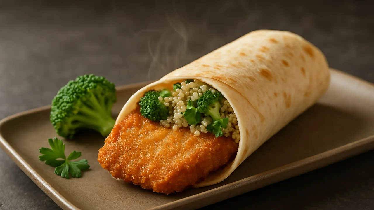 Kalbsschnitzel Wrap mit Brokkoli und Quinoa aus dem Airfryer mit Kalbsschnitzel und Brokkoli, auf dunklem Schiefer …