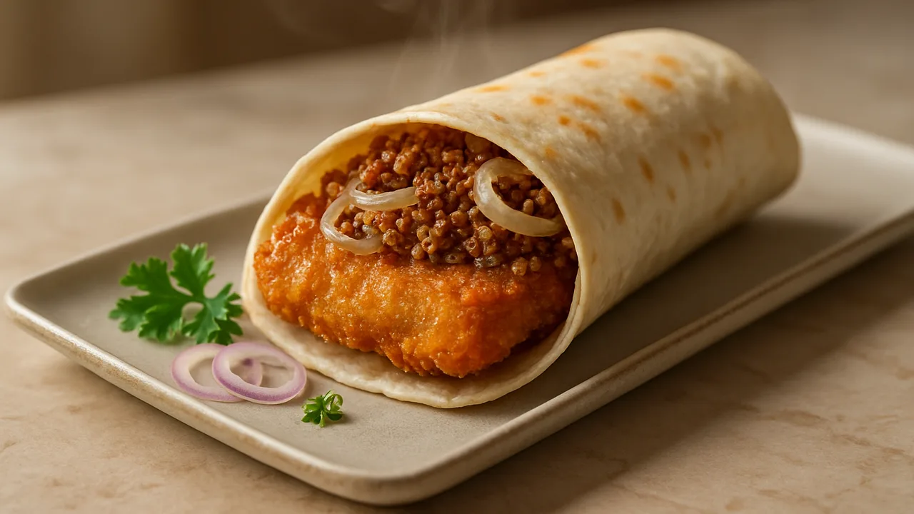 Kalbsschnitzel Wrap mit Zwiebel und Quinoa aus dem Airfryer mit Kalbsschnitzel und Zwiebel, auf beigem Marmor angerichtet.