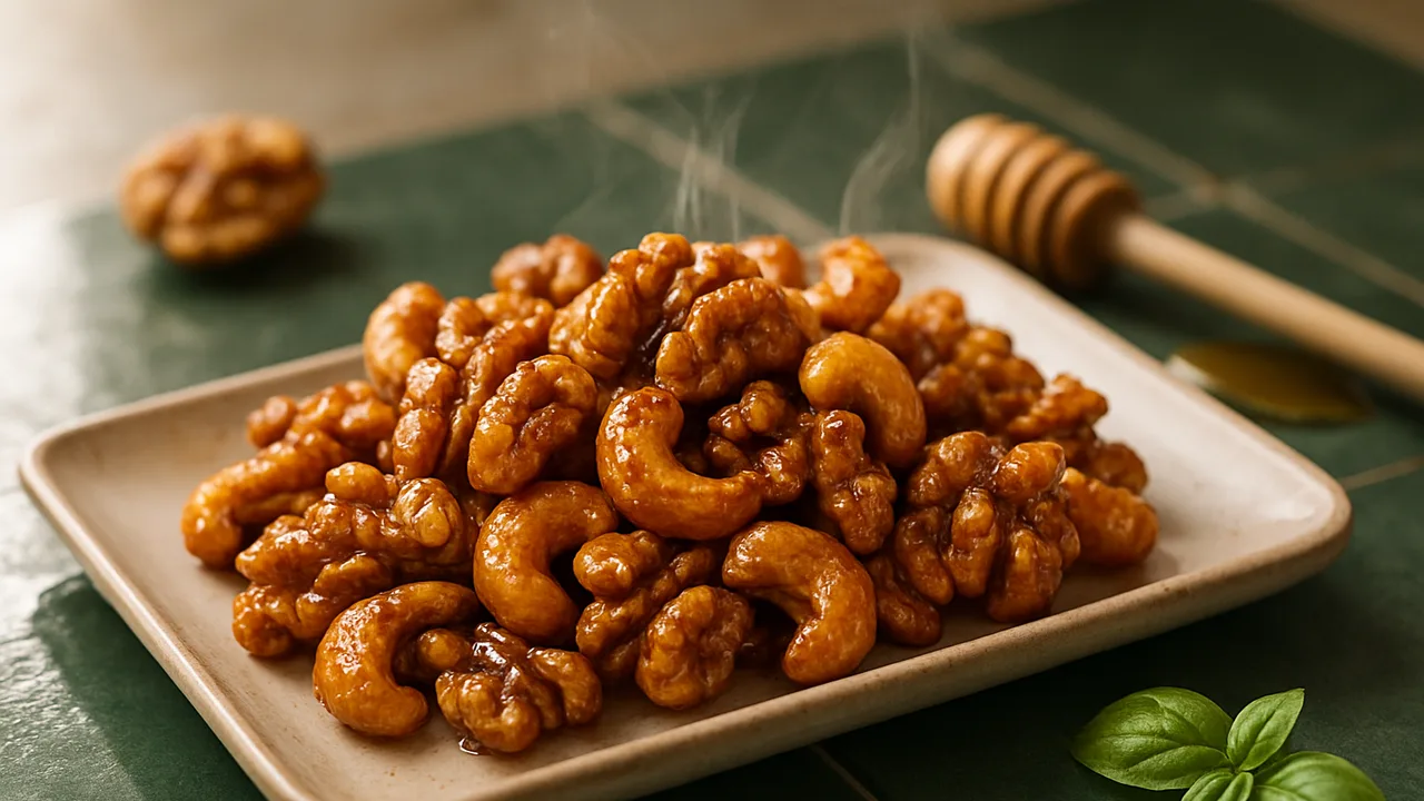Karamellisierte Nussmischung mit Walnüssen und Cashewkernen aus dem Airfryer mit Walnüsse und Cashewkerne, auf dunkelgrünen …