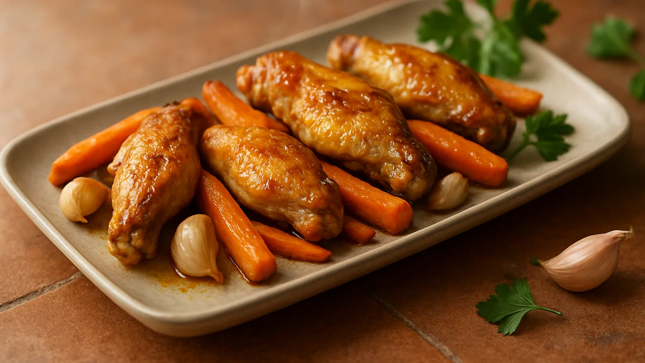 Karotte-Hähnchenflügel-Auflauf aus dem Airfryer mit Hähnchenflügel und Karotten, auf Terracotta-Fliesen angerichtet.