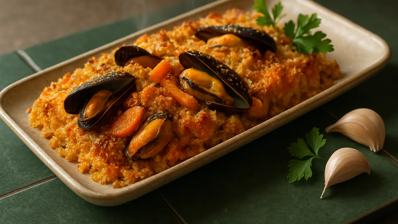 Karotte-Miesmuscheln-Auflauf aus dem Airfryer mit Miesmuscheln und Karotten, auf dunkelgrünen Fliesen angerichtet.