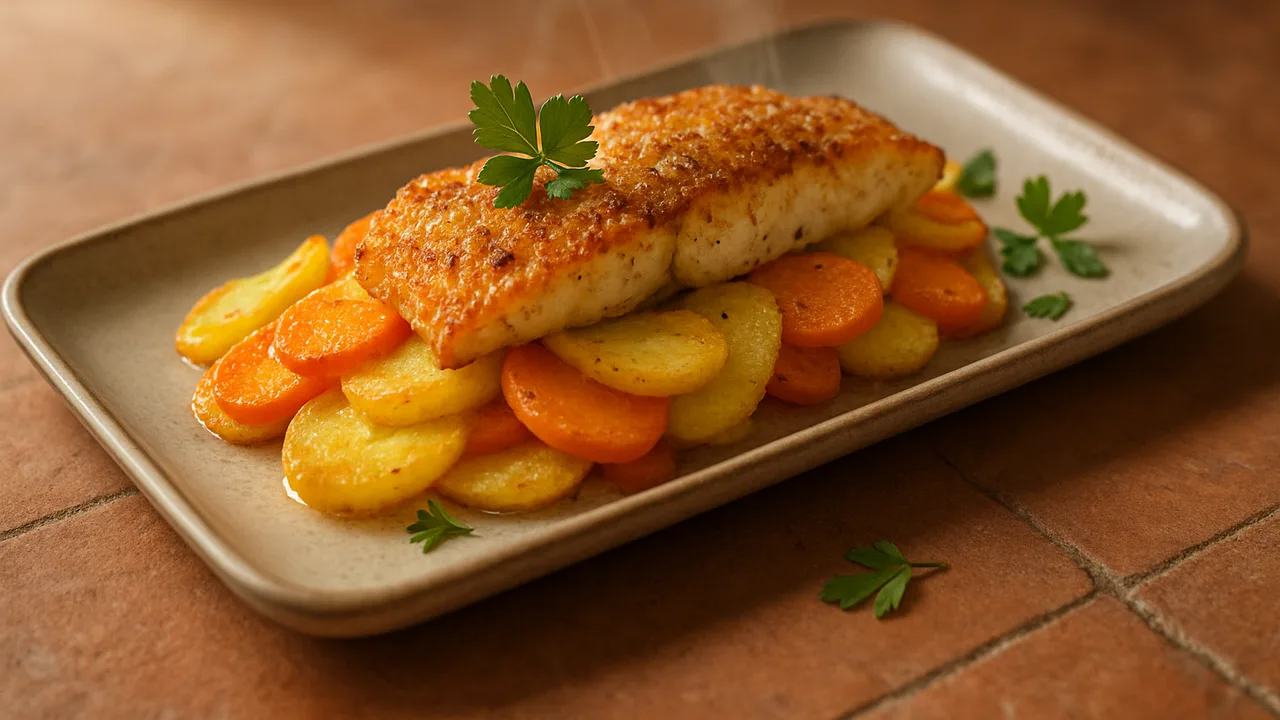 Karotte-Zander-Auflauf aus dem Airfryer mit Zanderfilet und Karotten, auf Terracotta-Fliesen angerichtet.