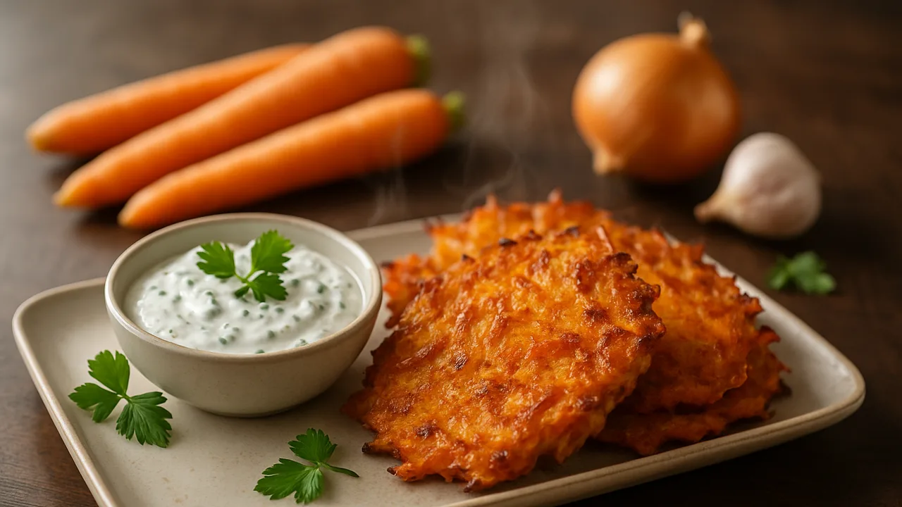 Karottenpuffer mit Kräuterquark aus dem Airfryer mit Karotten und Zwiebel, auf dunklem Walnussholz angerichtet.