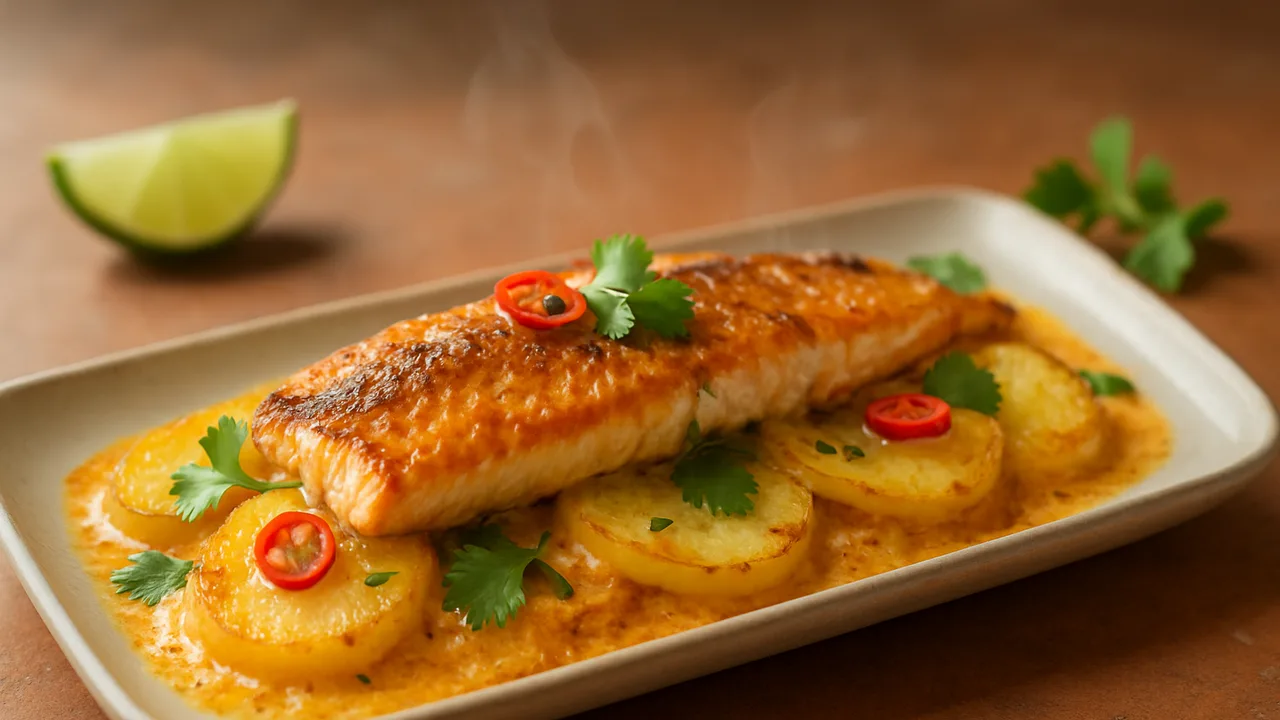 Kartoffel-Forelle Auflauf Thai-Style aus dem Airfryer mit Forellenfilet und Kartoffeln, auf Terracotta-Fliesen angerichtet.