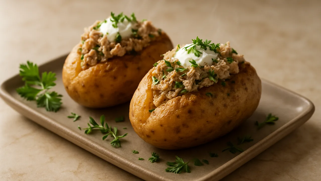 Gefüllte Kartoffel mit Thunfisch und Kräutern aus dem Airfryer mit mittelgroße Kartoffeln und Thunfisch aus der Dose, auf …