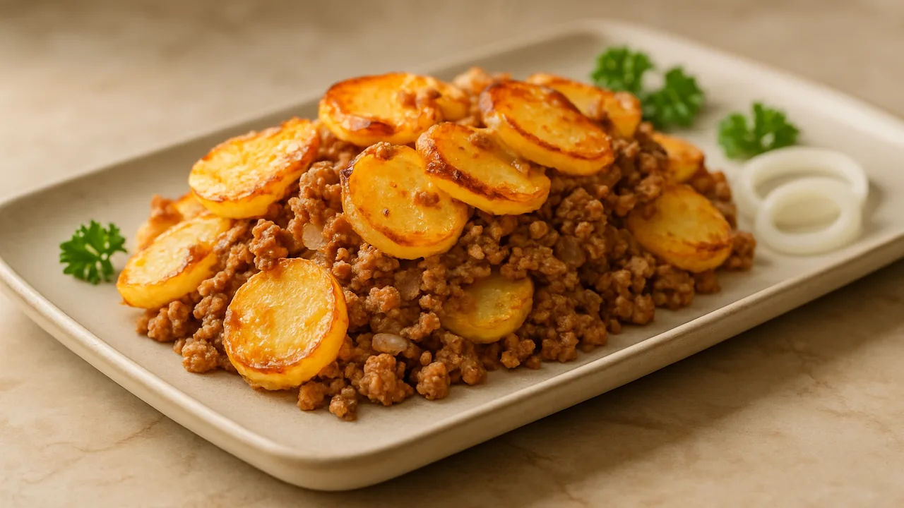 Kartoffel-Hackfleisch-Auflauf aus dem Airfryer mit Schweinehackfleisch und Kartoffeln, auf beigem Marmor angerichtet.