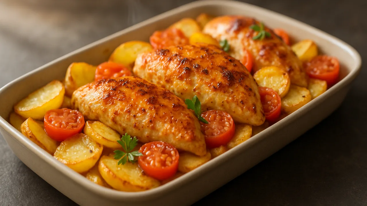 Kartoffel-Hähnchenbrust Auflauf aus dem Airfryer mit Hähnchenbrust und Kartoffeln, auf dunklem Schiefer angerichtet.
