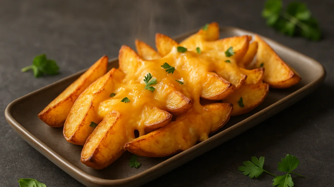 Kartoffelecken mit Käse überbacken aus dem Airfryer mit Kartoffeln und Gouda, auf dunklem Schiefer angerichtet.