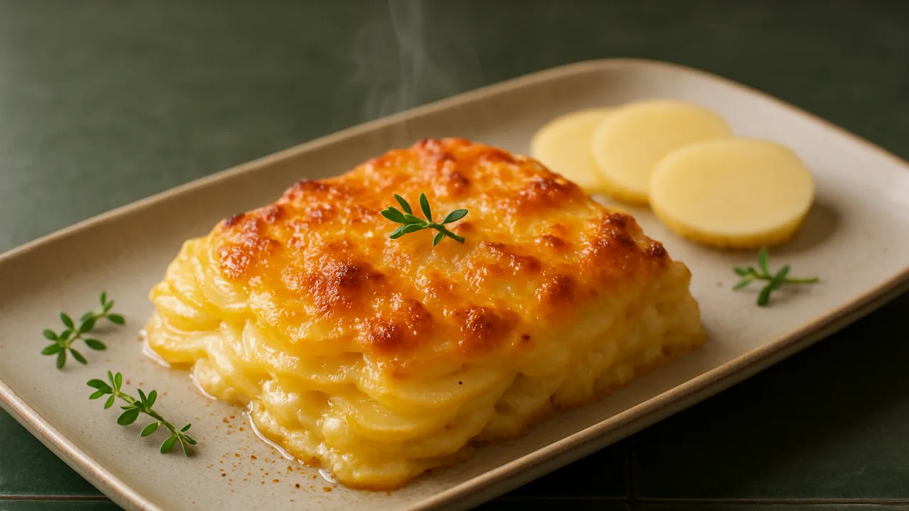Kartoffelgratin mit Sahne und Muskat aus dem Airfryer mit Kartoffeln und Sahne, auf dunkelgrünen Fliesen angerichtet.