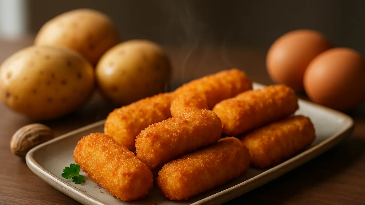Selbstgemachte Kartoffelkroketten mit Muskat aus dem Airfryer mit Mehlige Kartoffeln und Muskatnuss, auf dunklem …