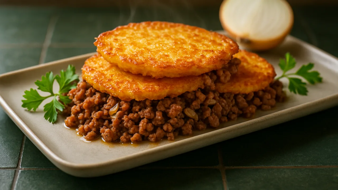 Kartoffelpuffer-Auflauf mit Hackfleisch aus dem Airfryer mit Kartoffelpuffer (TK) und gemischtes Hackfleisch, auf …