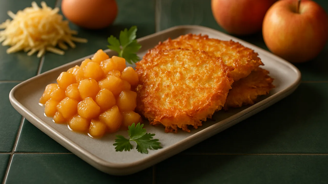 Kartoffelpuffer mit Apfel-Zimt-Kompott aus dem Airfryer mit Kartoffelpuffer-Masse (roh, geraspelt) und Ei, auf dunkelgrünen …