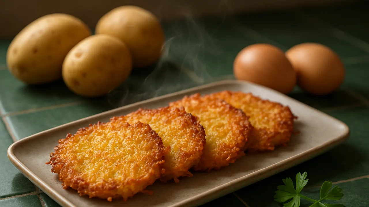 Kartoffelpuffer selbst gemacht aus rohen Kartoffeln aus dem Airfryer mit Kartoffeln und Zwiebel, auf dunkelgrünen Fliesen …