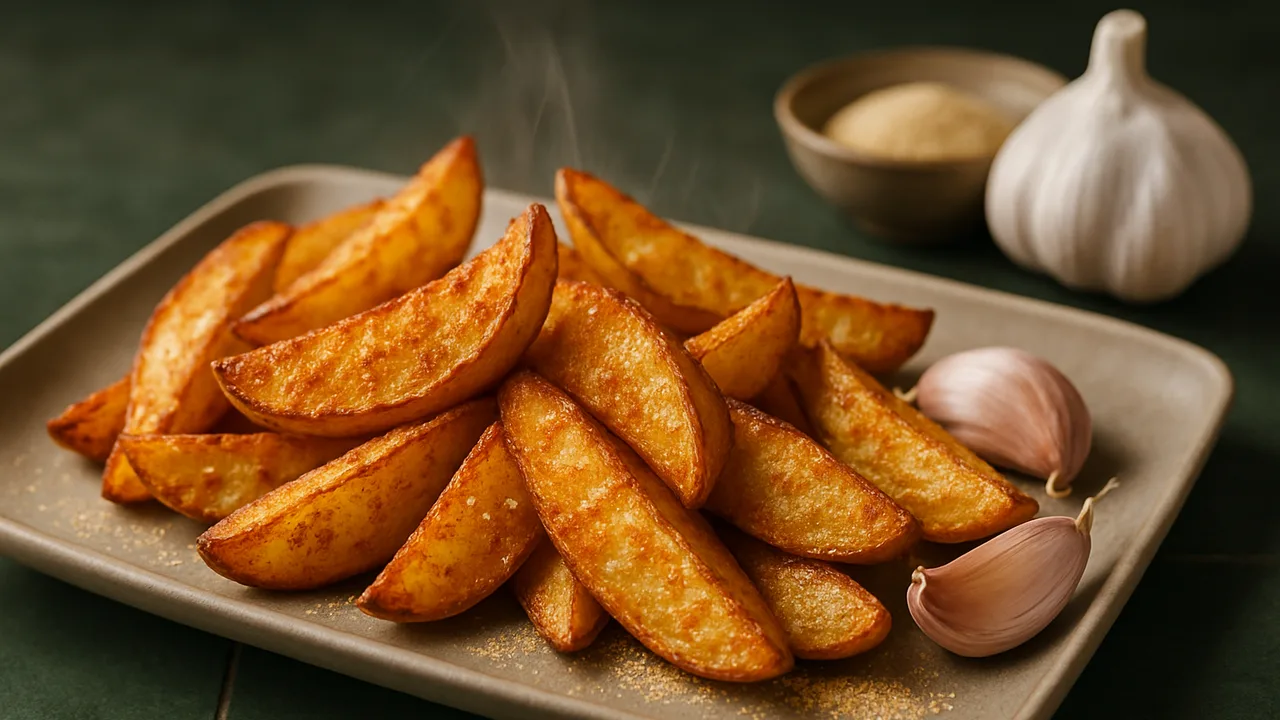 Kartoffelspalten mit Paprikapulver und Knoblauch aus dem Airfryer mit Kartoffeln und Knoblauchpulver, auf dunkelgrünen …