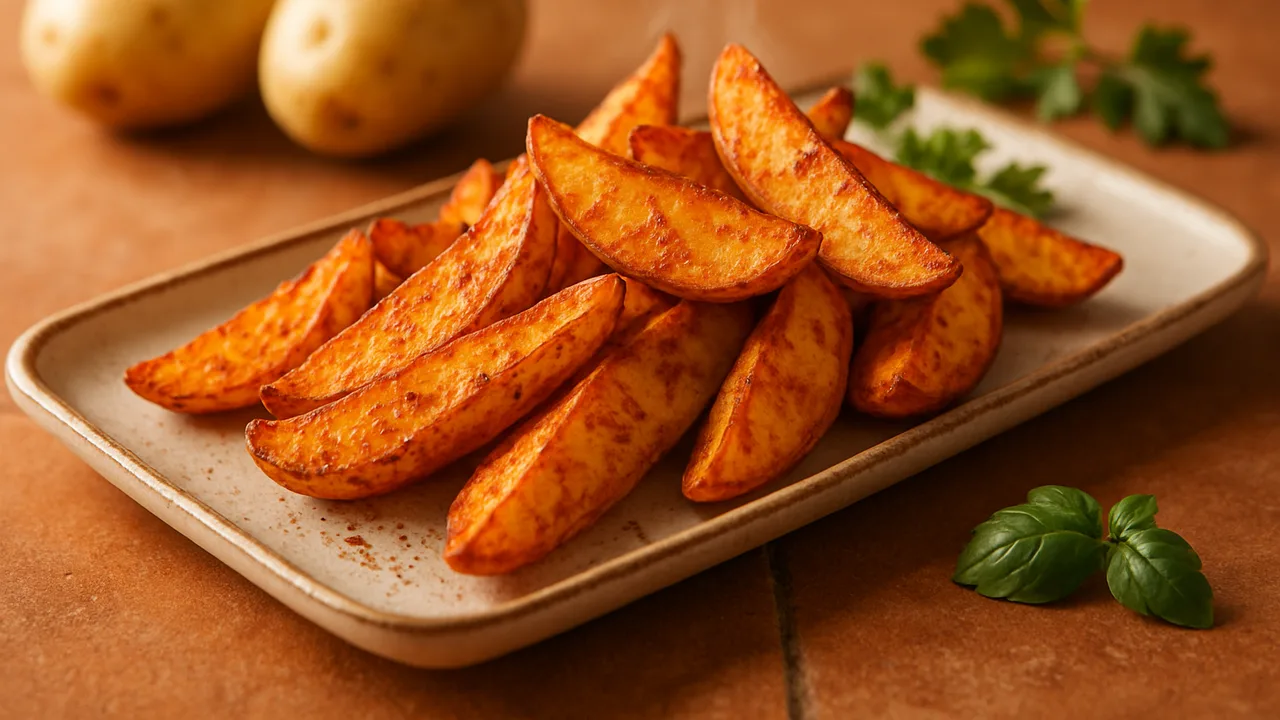 Kartoffelwedges mit Paprika-Gewürz aus dem Airfryer mit Kartoffeln, auf Terracotta-Fliesen angerichtet.