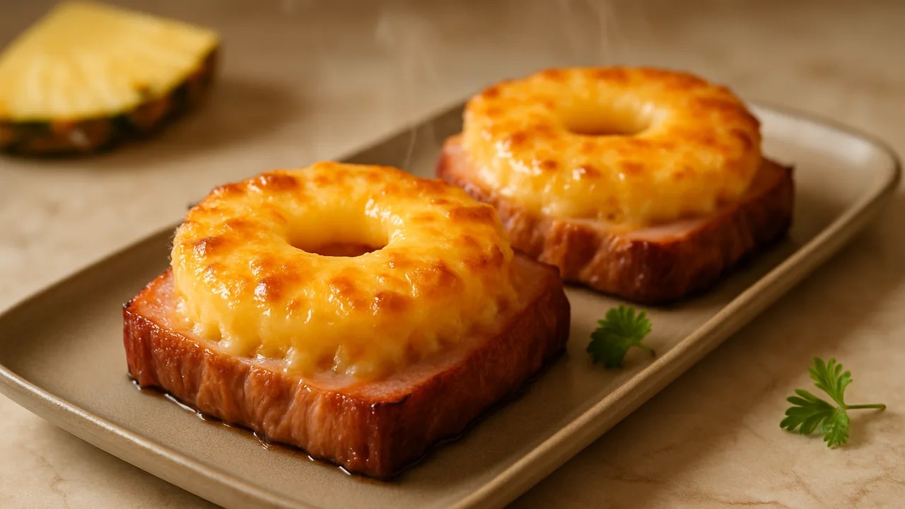 Kasseler Rippchen mit Ananas und Käse überbacken aus dem Airfryer mit Kasseler Rippchen und Ananas, auf beigem Marmor …