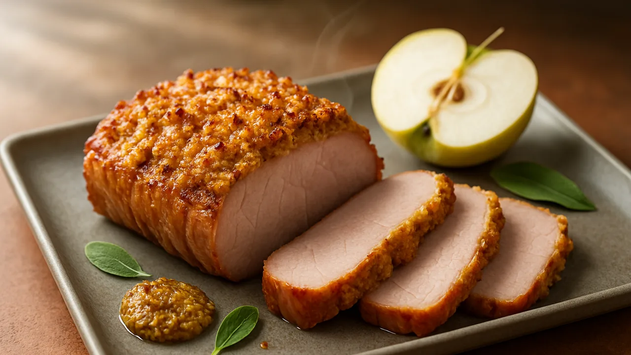 Kasselerbraten mit Apfel-Senf-Kruste aus dem Airfryer mit Kasselerbraten und Apfel, auf Terracotta-Fliesen angerichtet.