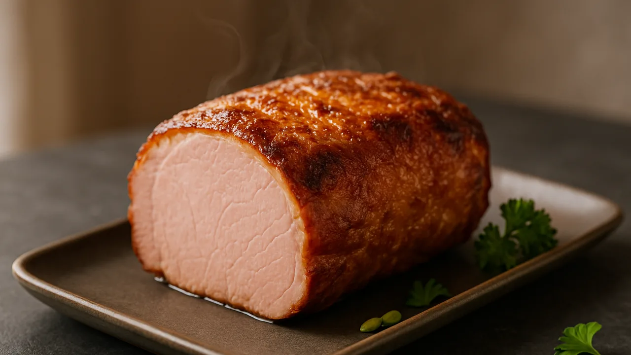 Kassler im Airfryer – saftig mit Kruste mit Kassler am Stück, auf dunklem Schiefer angerichtet.