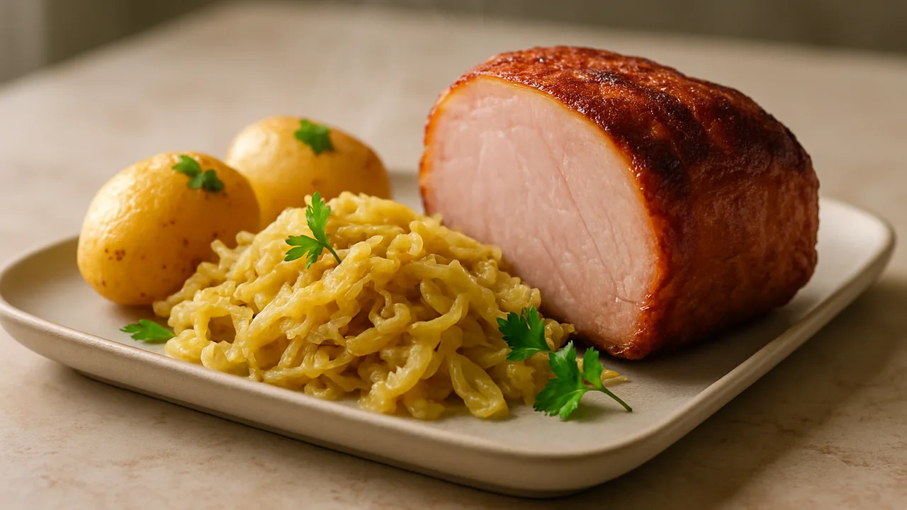 Kassler mit Weißkohl und Kartoffeln aus dem Airfryer mit Kassler am Stück und Weißkohl, auf beigem Marmor angerichtet.