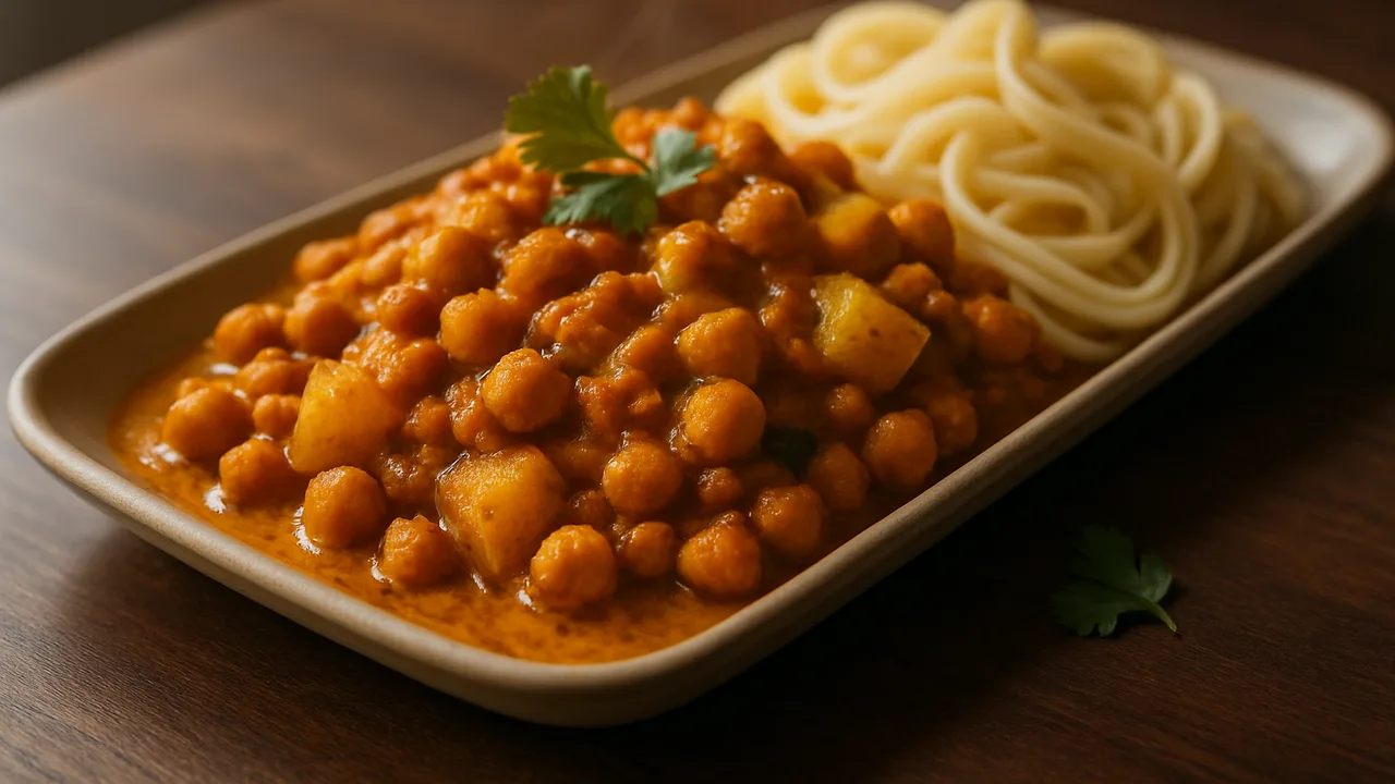 Kichererbsen Curry mit Steckrübe und Nudeln aus dem Airfryer mit Kichererbsen und Steckrübe, auf dunklem Walnussholz …