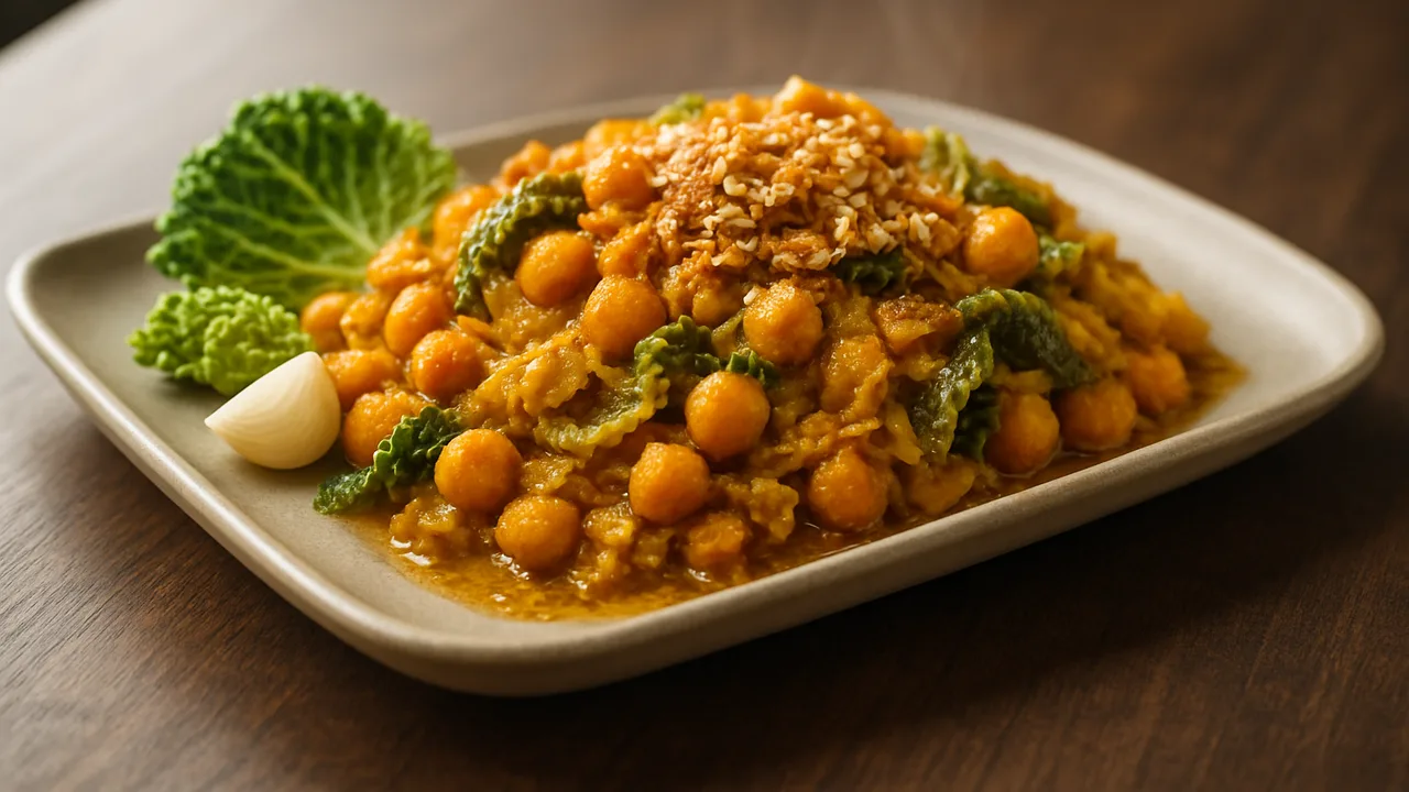 Kichererbsen-Curry mit Wirsing und Haferflocken aus dem Airfryer mit Kichererbsen, abgetropft und Wirsing, auf dunklem …
