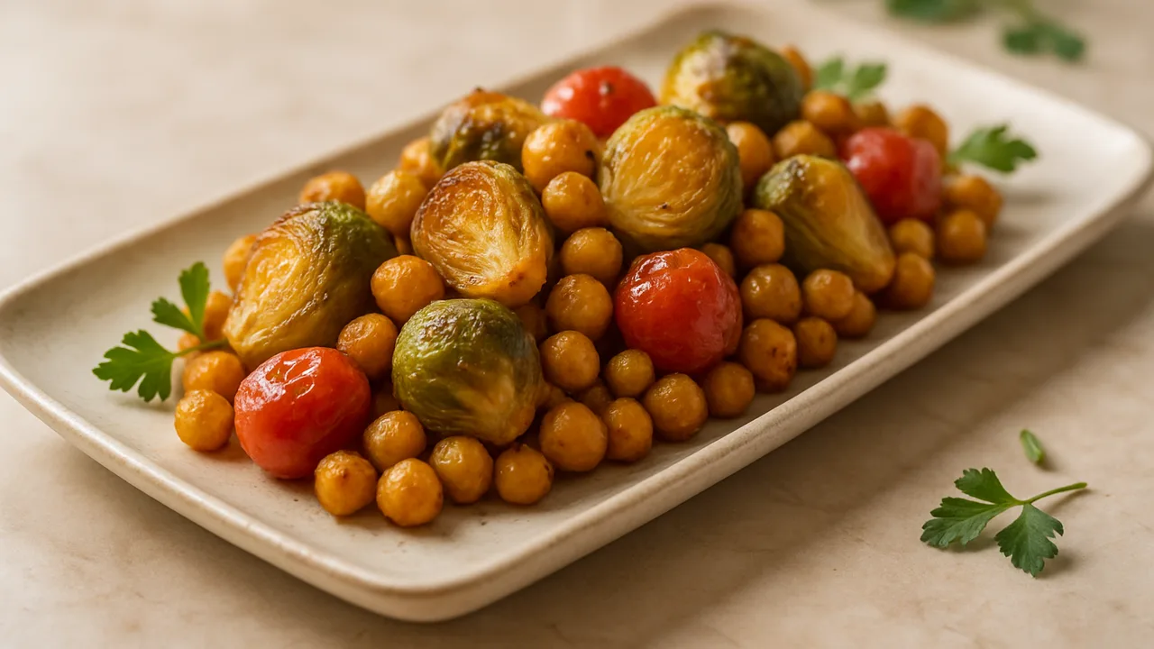 Kichererbsen-Rosenkohl-Pfanne aus dem Airfryer mit Kichererbsen und Rosenkohl, auf beigem Marmor angerichtet.
