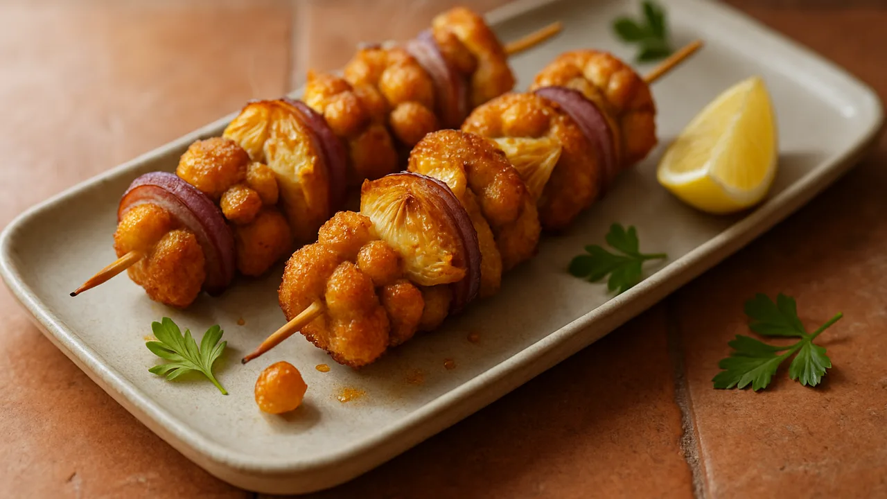 Kichererbsen-Spieße mit Artischocke aus dem Airfryer mit Kichererbsen und Artischockenherzen, auf Terracotta-Fliesen …