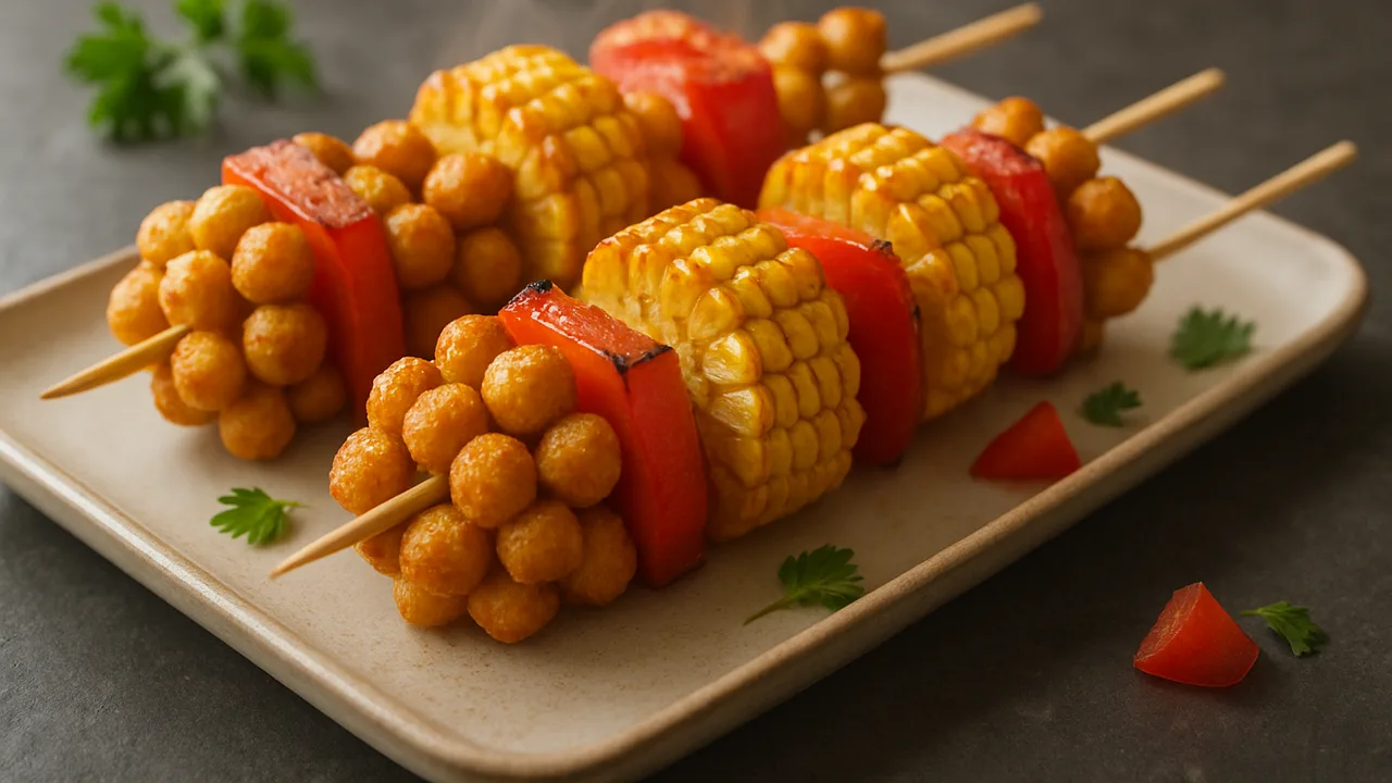 Kichererbsen-Spieße mit Mais aus dem Airfryer mit Kichererbsen und Maiskolben, auf dunklem Schiefer angerichtet.