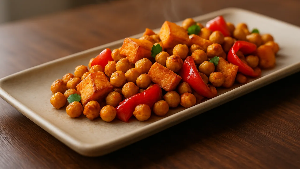 Kichererbsen-Süßkartoffel-Pfanne aus dem Airfryer mit Kichererbsen (abgetropft) und Süßkartoffel, auf dunklem Walnussholz …