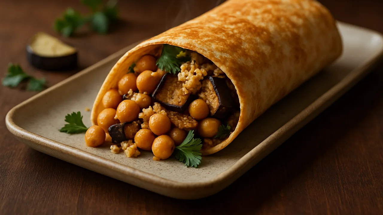 Kichererbsen Wrap mit Aubergine und Couscous aus dem Airfryer mit Kichererbsen und Aubergine, auf dunklem Walnussholz …