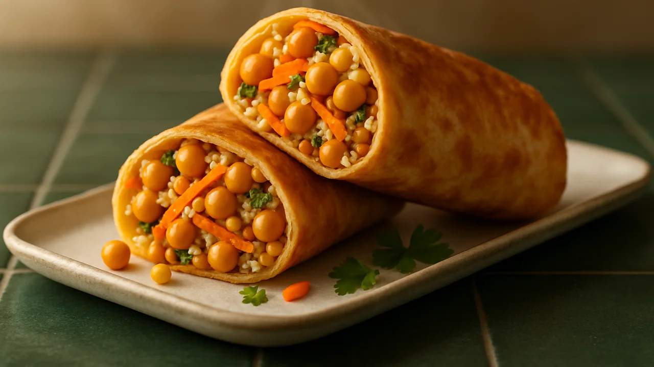 Kichererbsen Wrap mit Karotte und Couscous aus dem Airfryer mit Kichererbsen und Karotte, auf dunkelgrünen Fliesen …