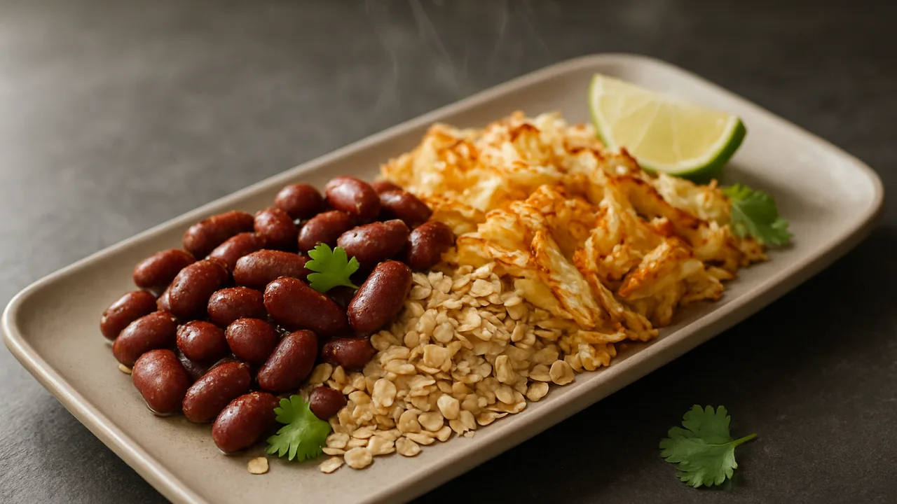 Würzig Kidneybohnen Bowl mit Haferflocken und Weißkohl aus dem Airfryer mit Kidneybohnen und Weißkohl, auf dunklem Schiefer …